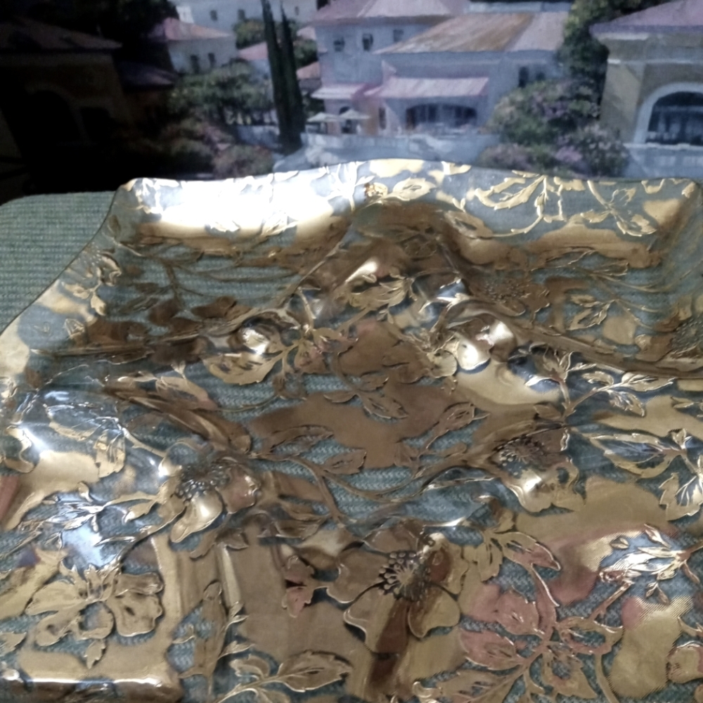 Georges Briard Mid Century Serving Tray Clear Gold 22k Gold Floral Designs.🍱